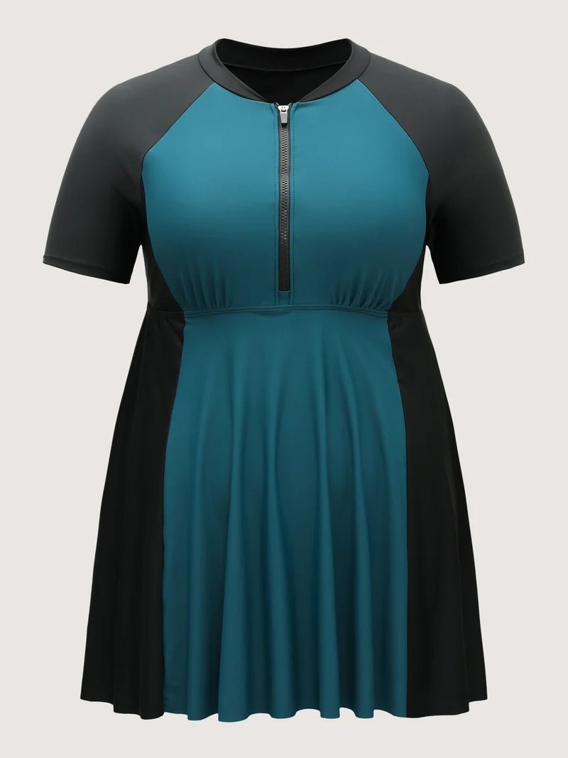 Zipper Front Adjustable Color Block Swim Dress