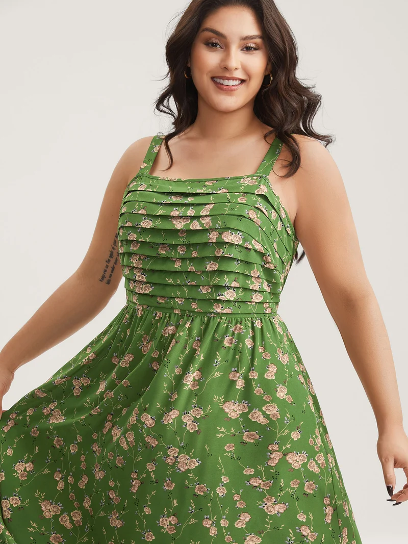 Breezy Floral Pleated Pockets Midi Dress