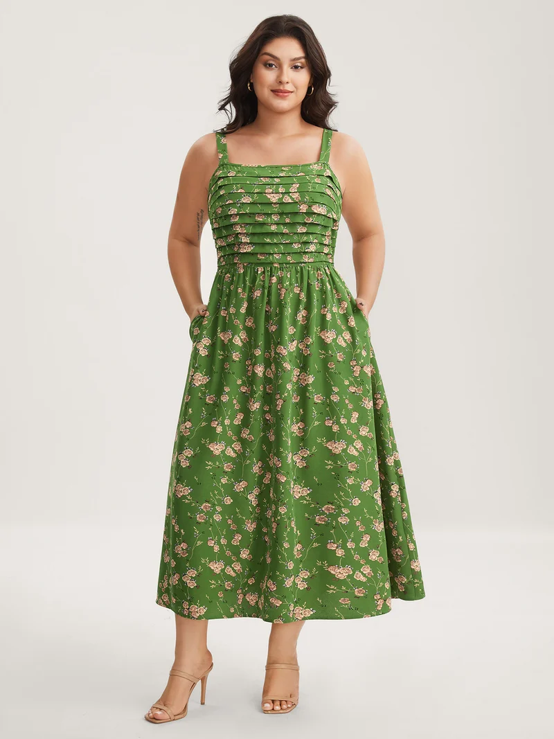 Breezy Floral Pleated Pockets Midi Dress