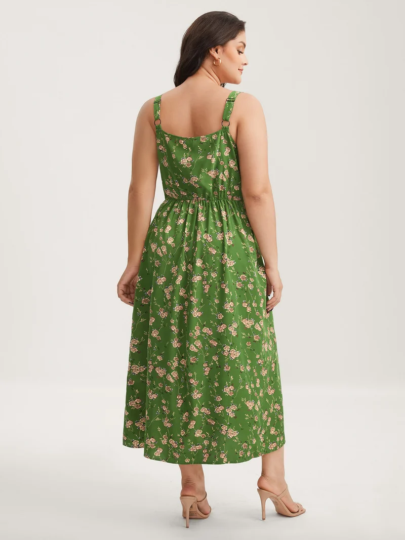 Breezy Floral Pleated Pockets Midi Dress