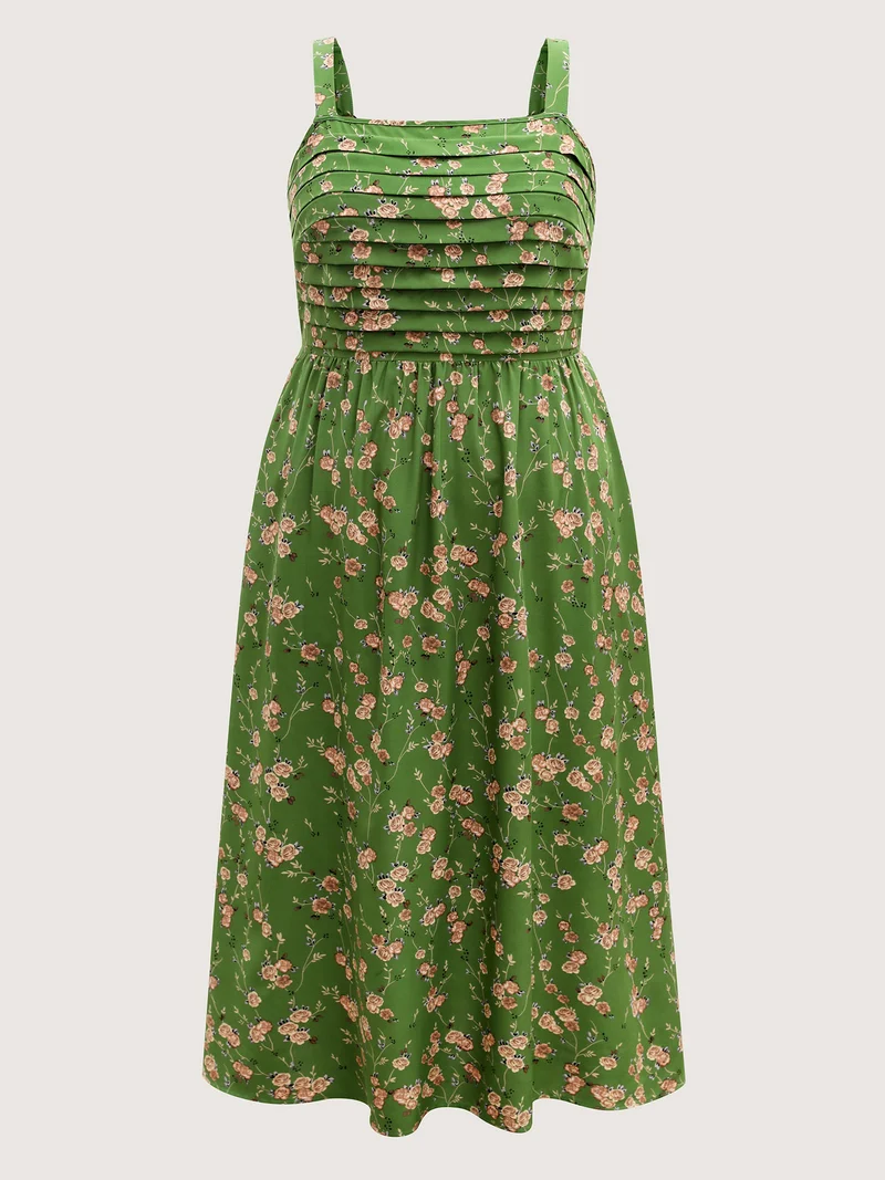 Breezy Floral Pleated Pockets Midi Dress