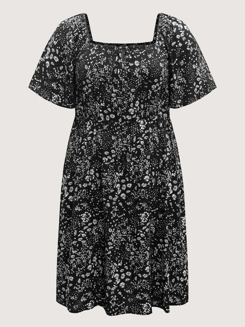 Floral Neck Drawstring Flared Sleeve Midi Dress