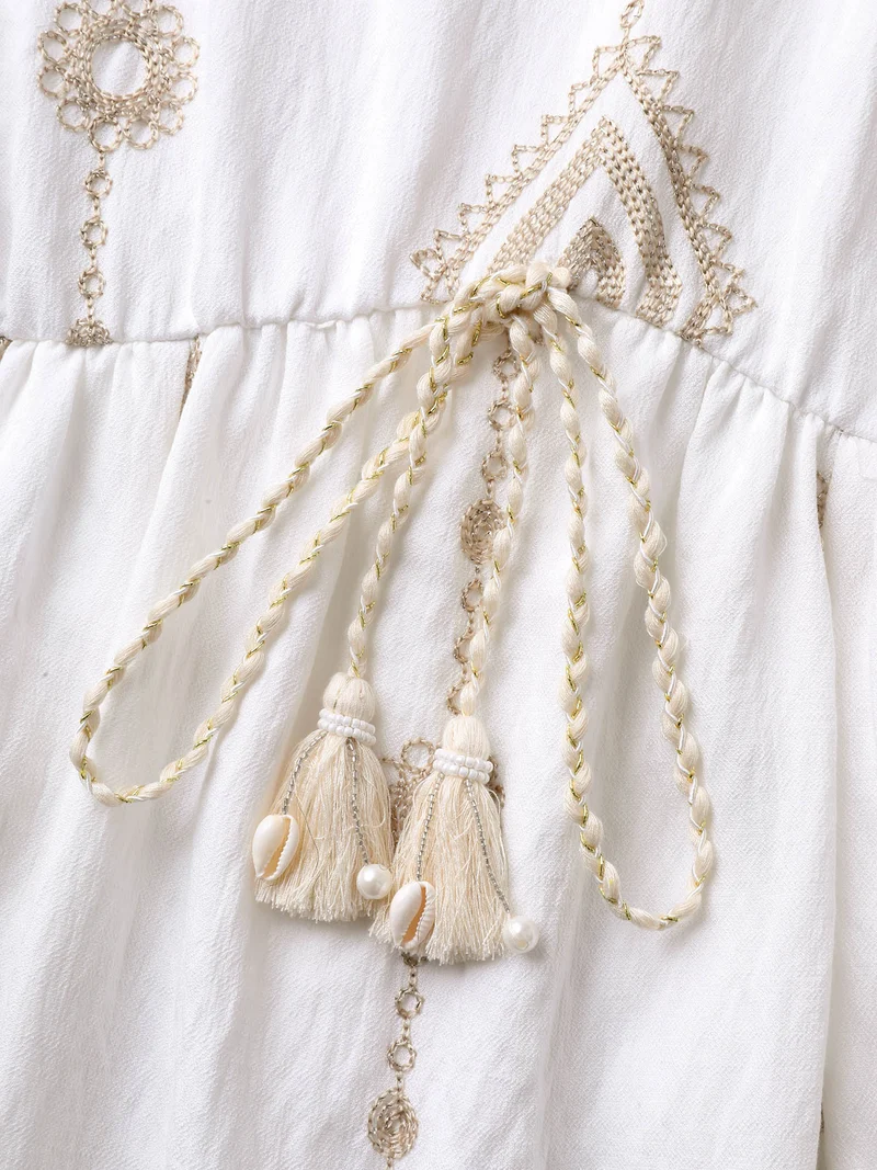 Boho Embroidered Waist Tie Midi Dress