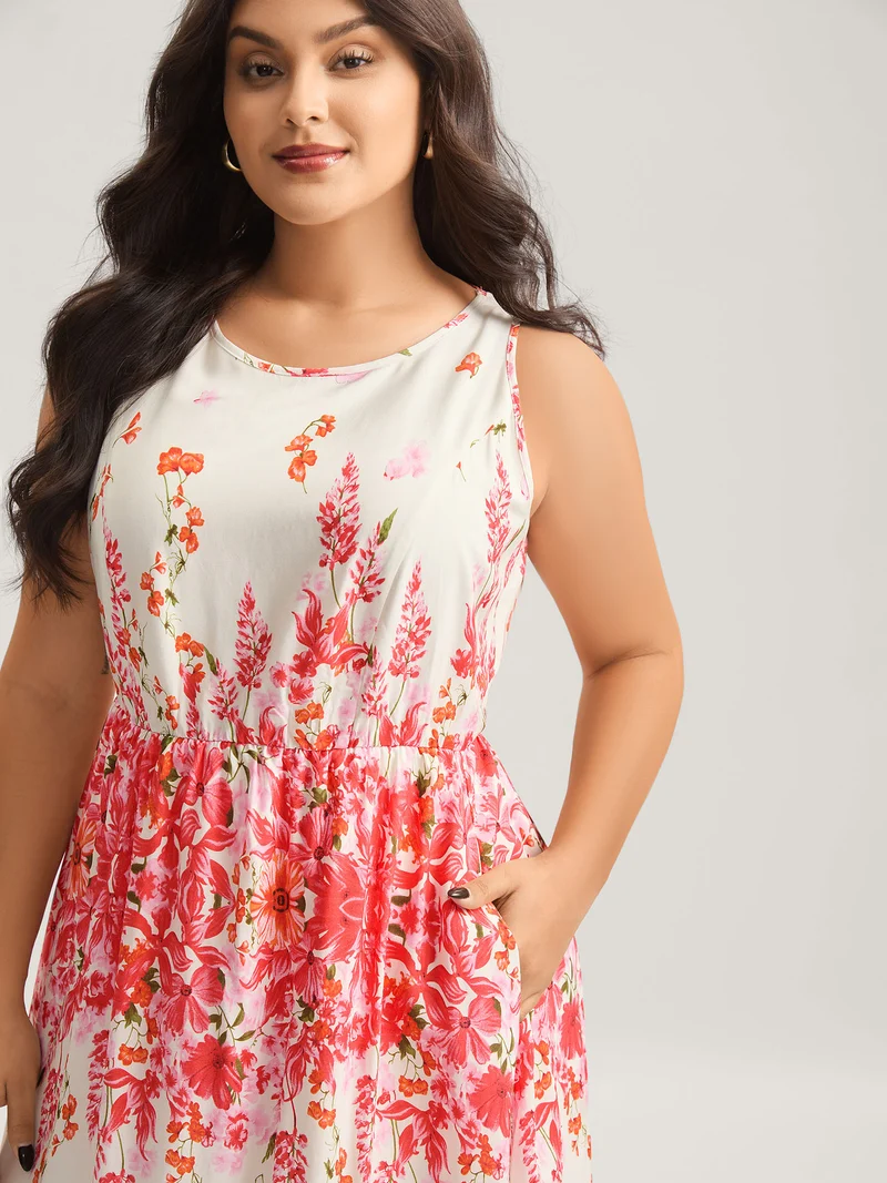 Floral Print Cinched-Waist Midi Dress