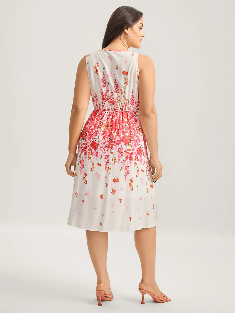 Floral Print Cinched-Waist Midi Dress