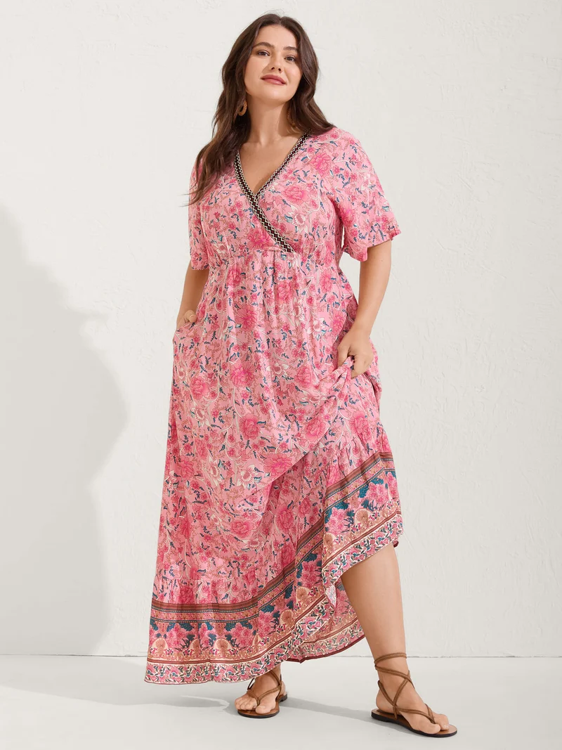 Rosy Floral Print Lace Maxi Dress