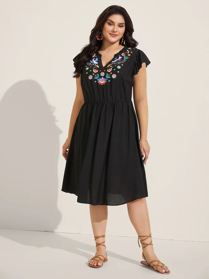 Floral Embroidered Notched Collar Midi Dress