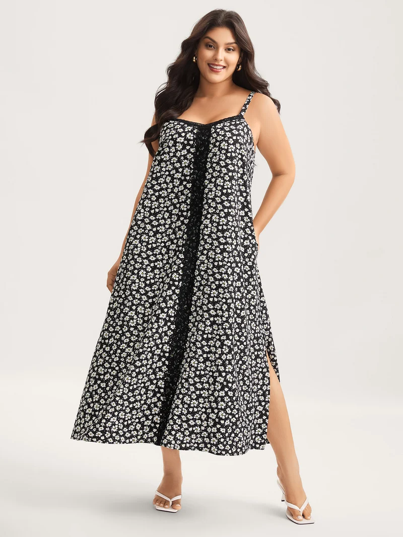 Floral Lace Front Flowy Midi Dress