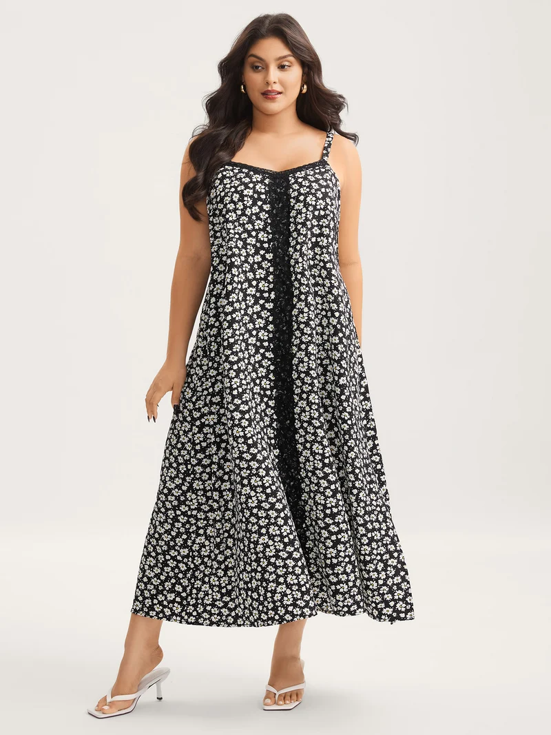 Floral Lace Front Flowy Midi Dress