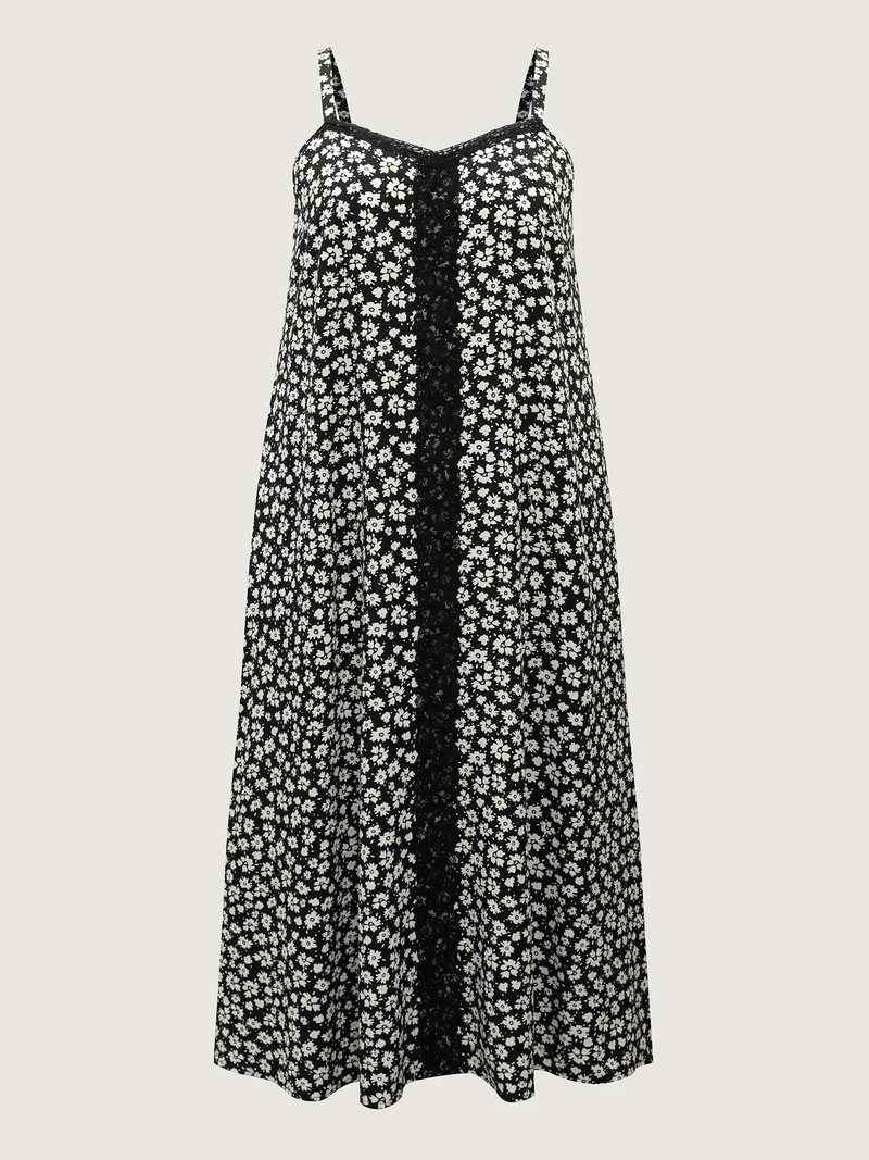 Floral Lace Front Flowy Midi Dress