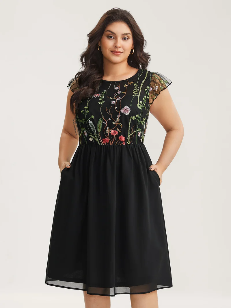 Mesh Floral Embroidery Midi Dress