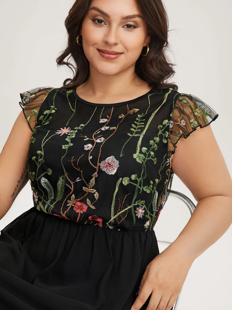 Mesh Floral Embroidery Midi Dress