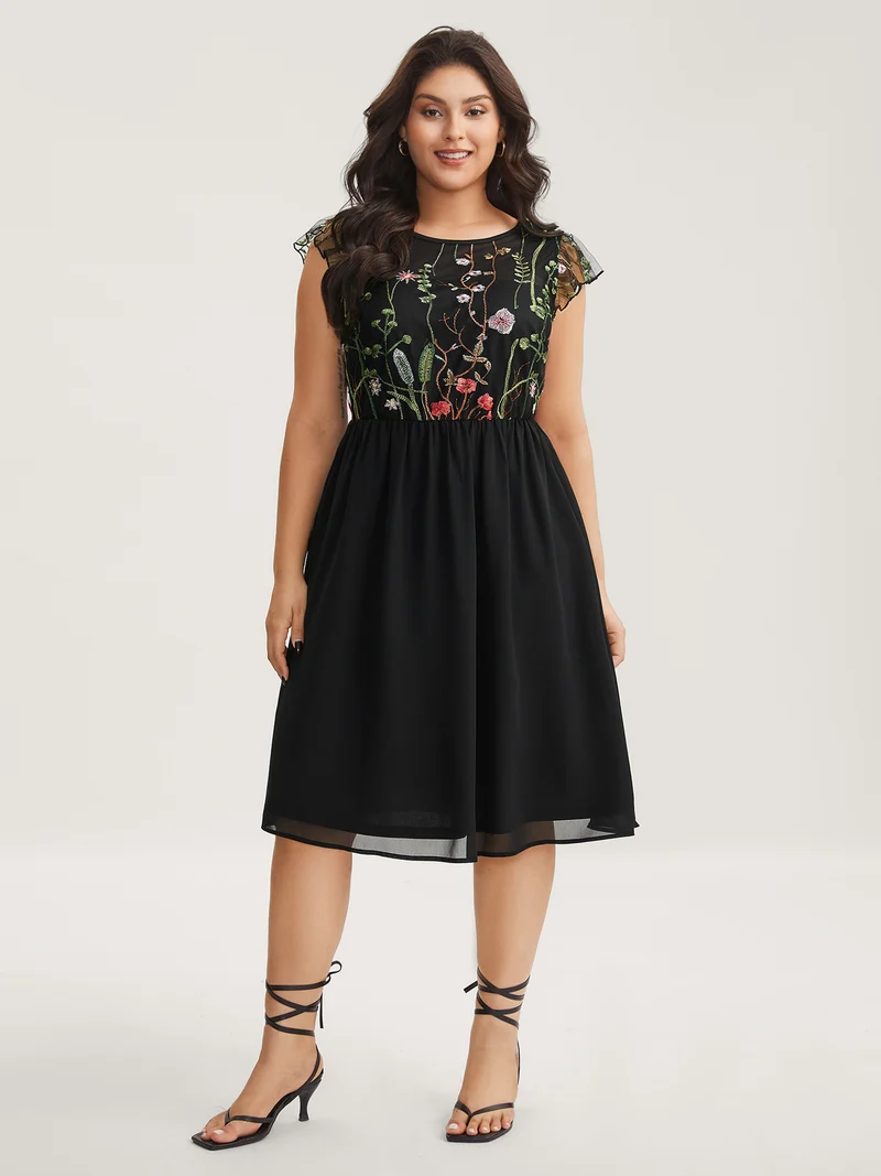 Mesh Floral Embroidery Midi Dress