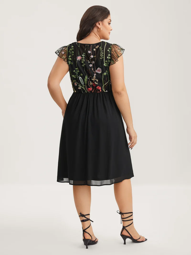 Mesh Floral Embroidery Midi Dress