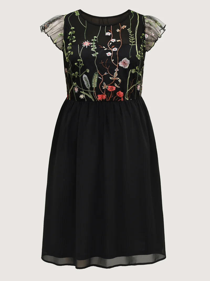 Mesh Floral Embroidery Midi Dress