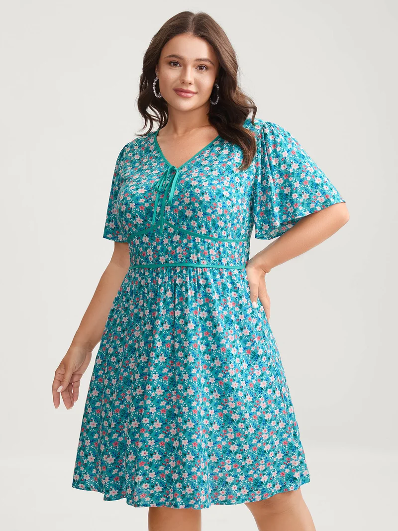Floral Contrast Cinched-Waist Tie Midi Dress