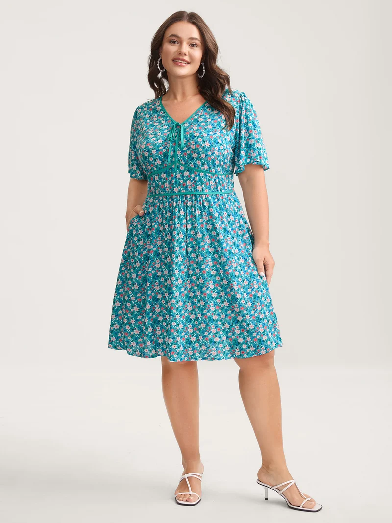 Floral Contrast Cinched-Waist Tie Midi Dress