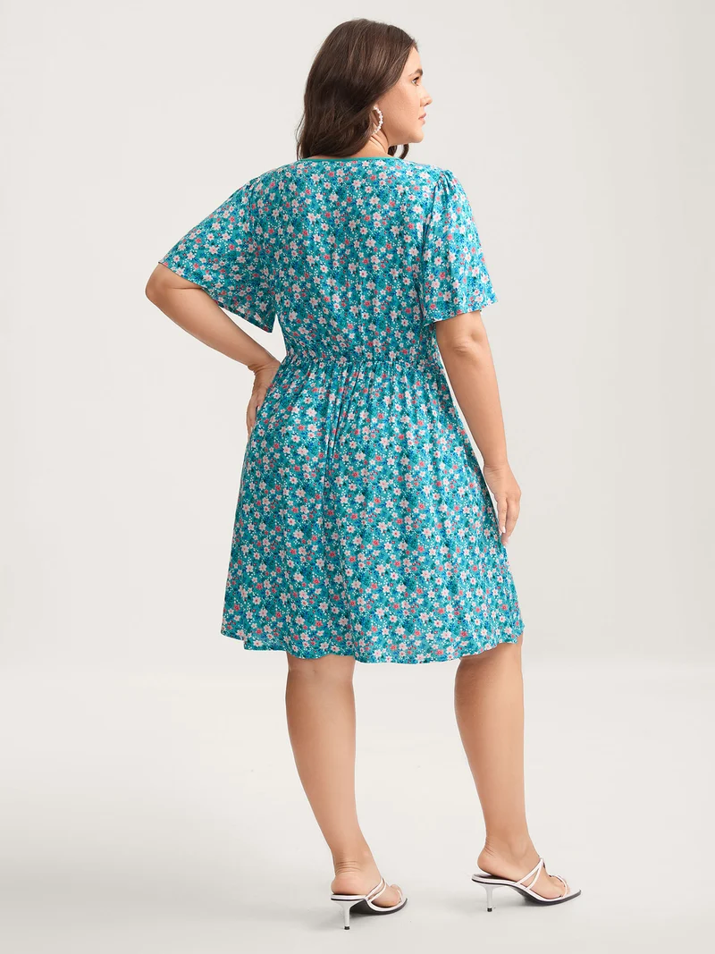 Floral Contrast Cinched-Waist Tie Midi Dress