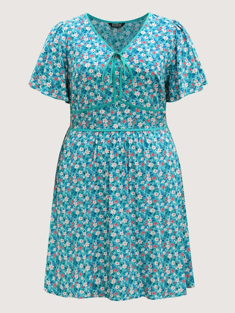 Floral Contrast Cinched-Waist Tie Midi Dress