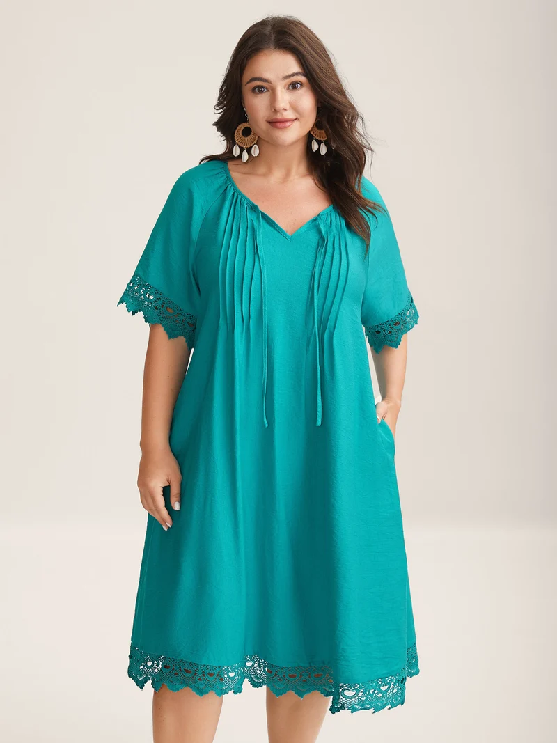 Pleated Lace Trim Relaxed Midi Dress