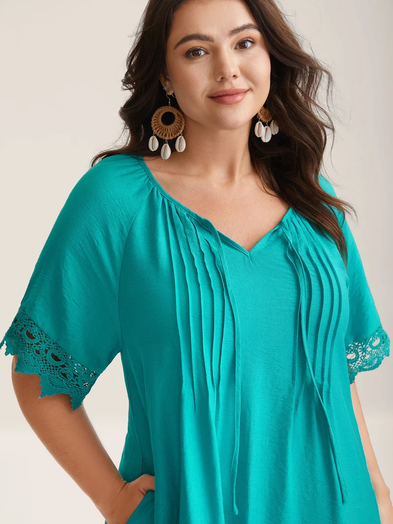 Pleated Lace Trim Relaxed Midi Dress