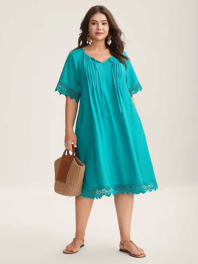 Pleated Lace Trim Relaxed Midi Dress