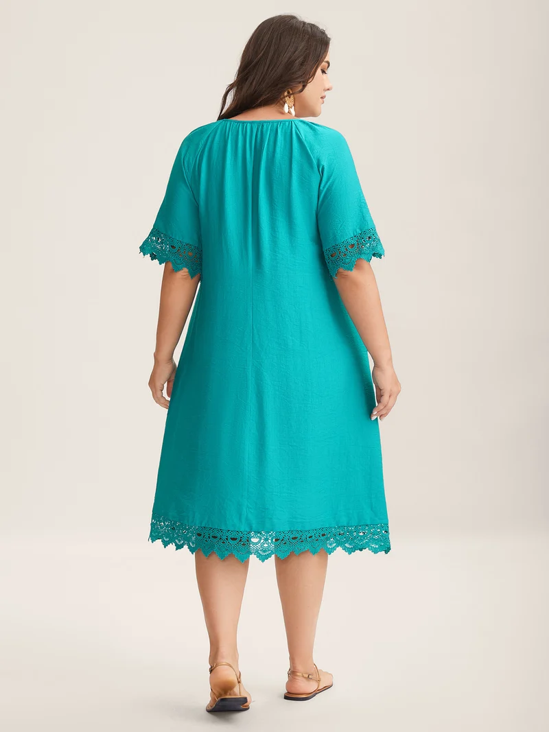 Pleated Lace Trim Relaxed Midi Dress