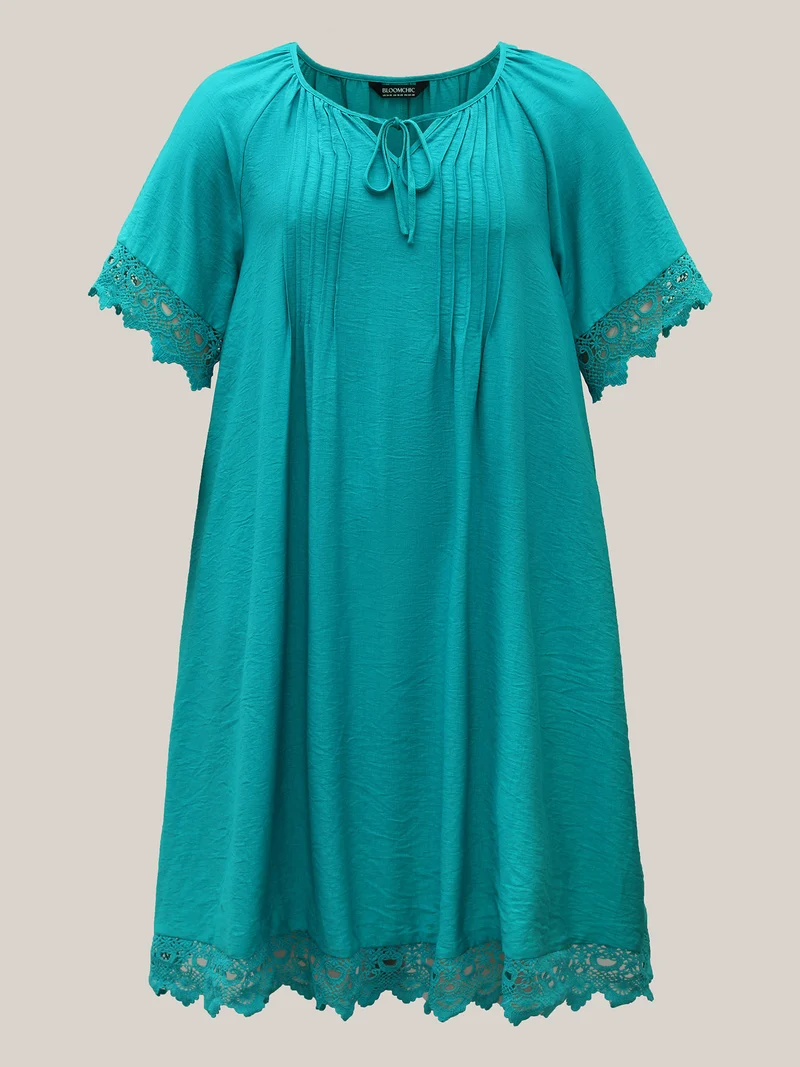 Pleated Lace Trim Relaxed Midi Dress