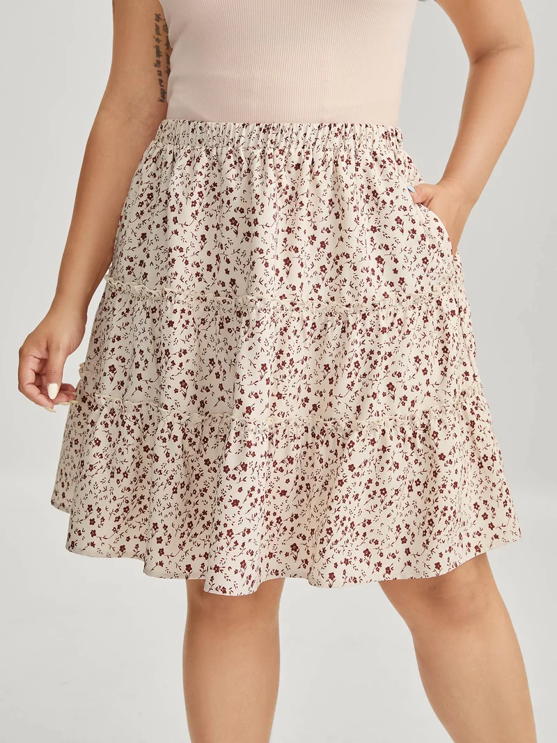 Ditsy Floral Print Ruffled Midi Skirt