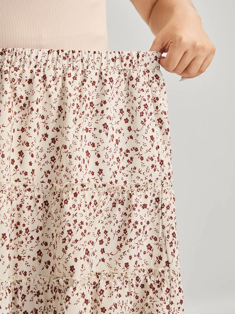 Ditsy Floral Print Ruffled Midi Skirt
