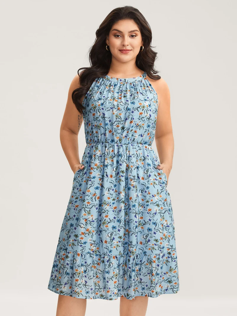 Floral Print Halter Neck Tiered Midi Dress