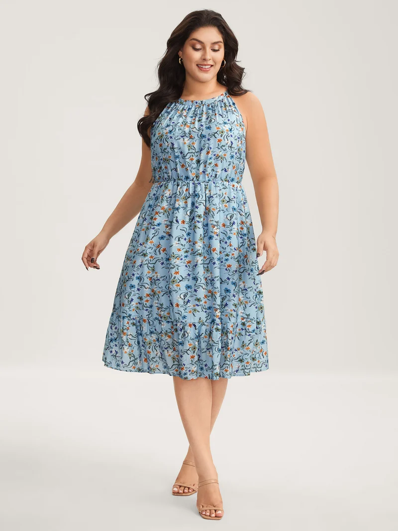 Floral Print Halter Neck Tiered Midi Dress