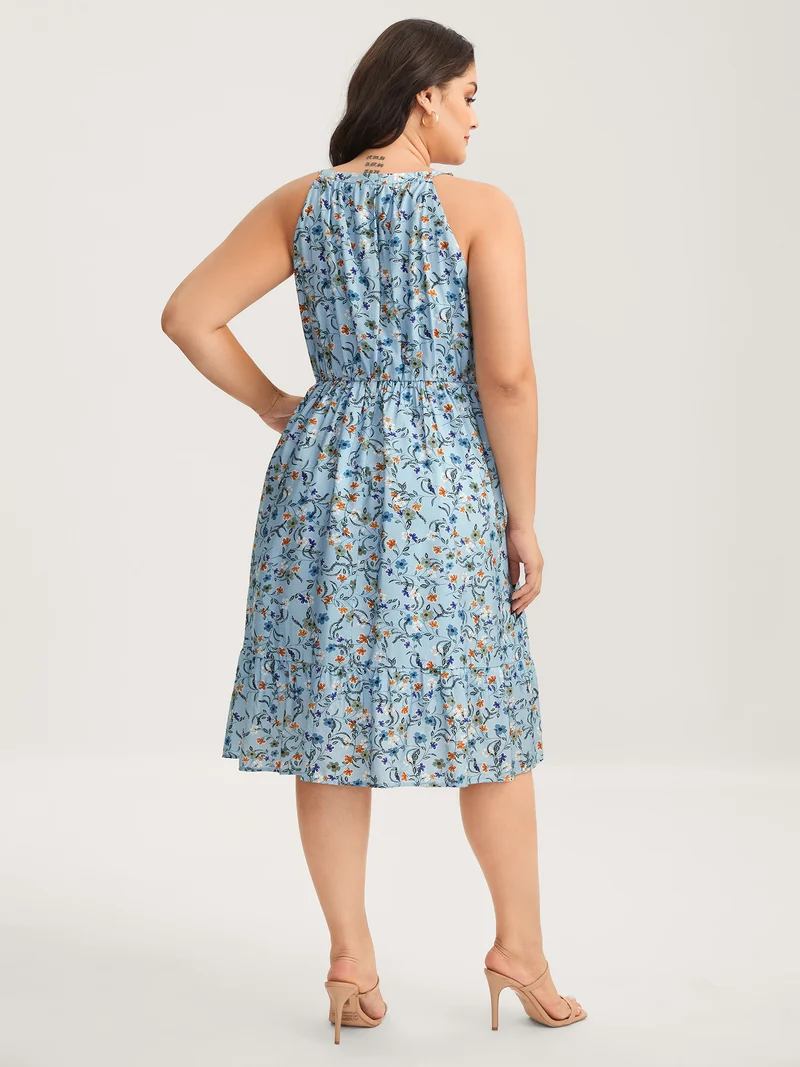Floral Print Halter Neck Tiered Midi Dress