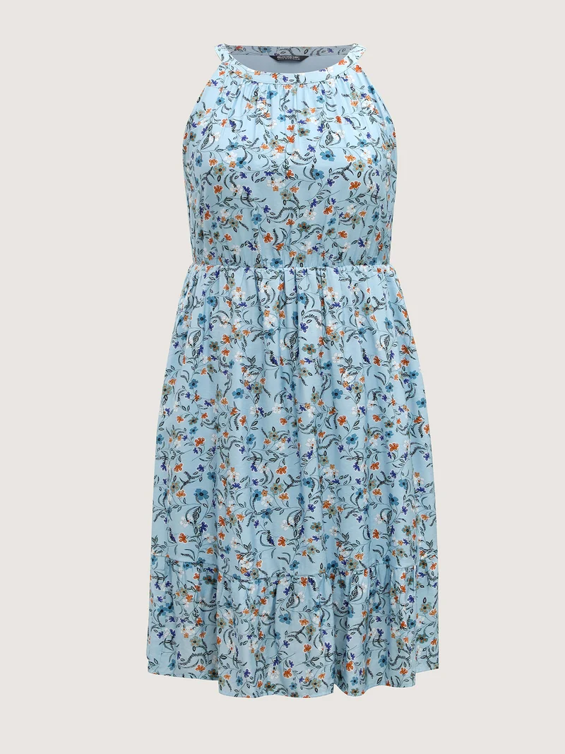 Floral Print Halter Neck Tiered Midi Dress
