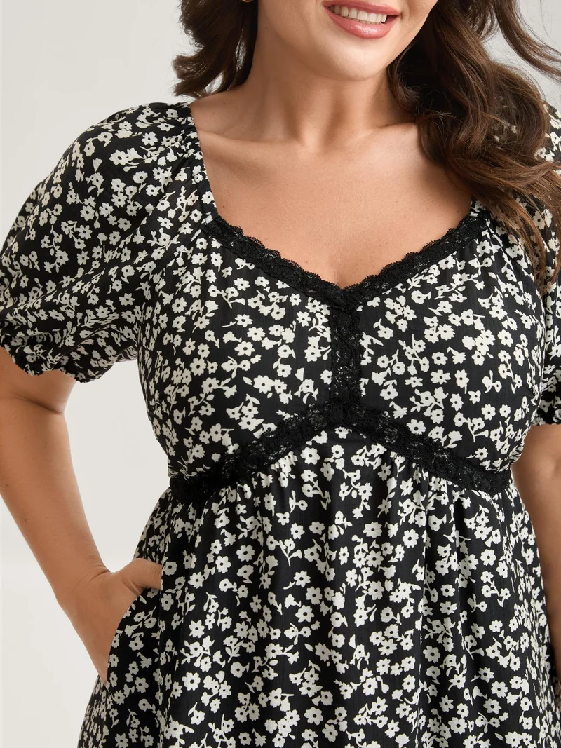 Ditsy Floral Print Lace Detail Midi Dress