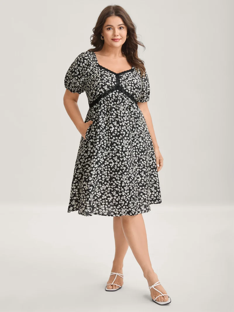 Ditsy Floral Print Lace Detail Midi Dress
