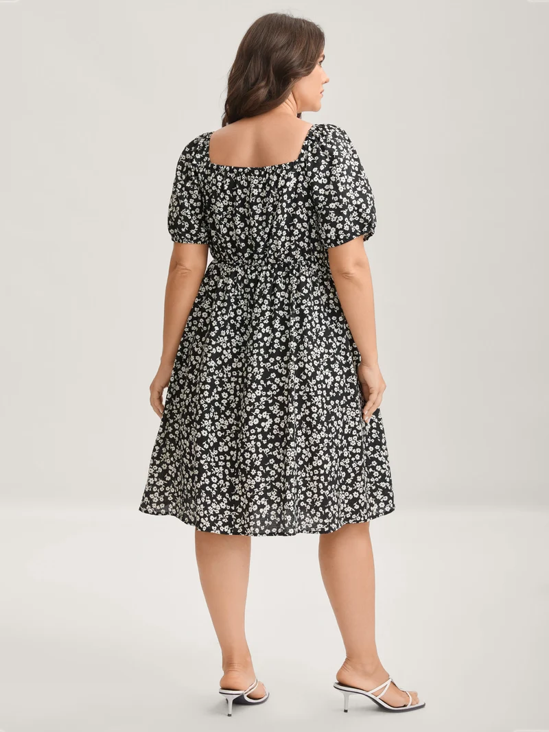 Ditsy Floral Print Lace Detail Midi Dress