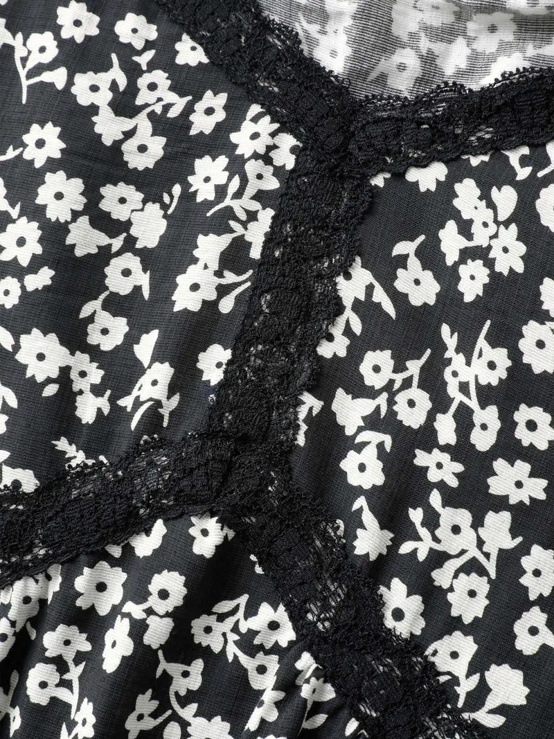 Ditsy Floral Print Lace Detail Midi Dress