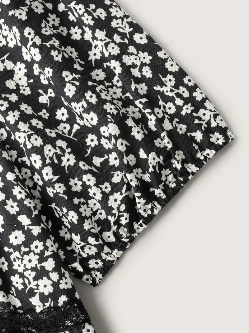 Ditsy Floral Print Lace Detail Midi Dress