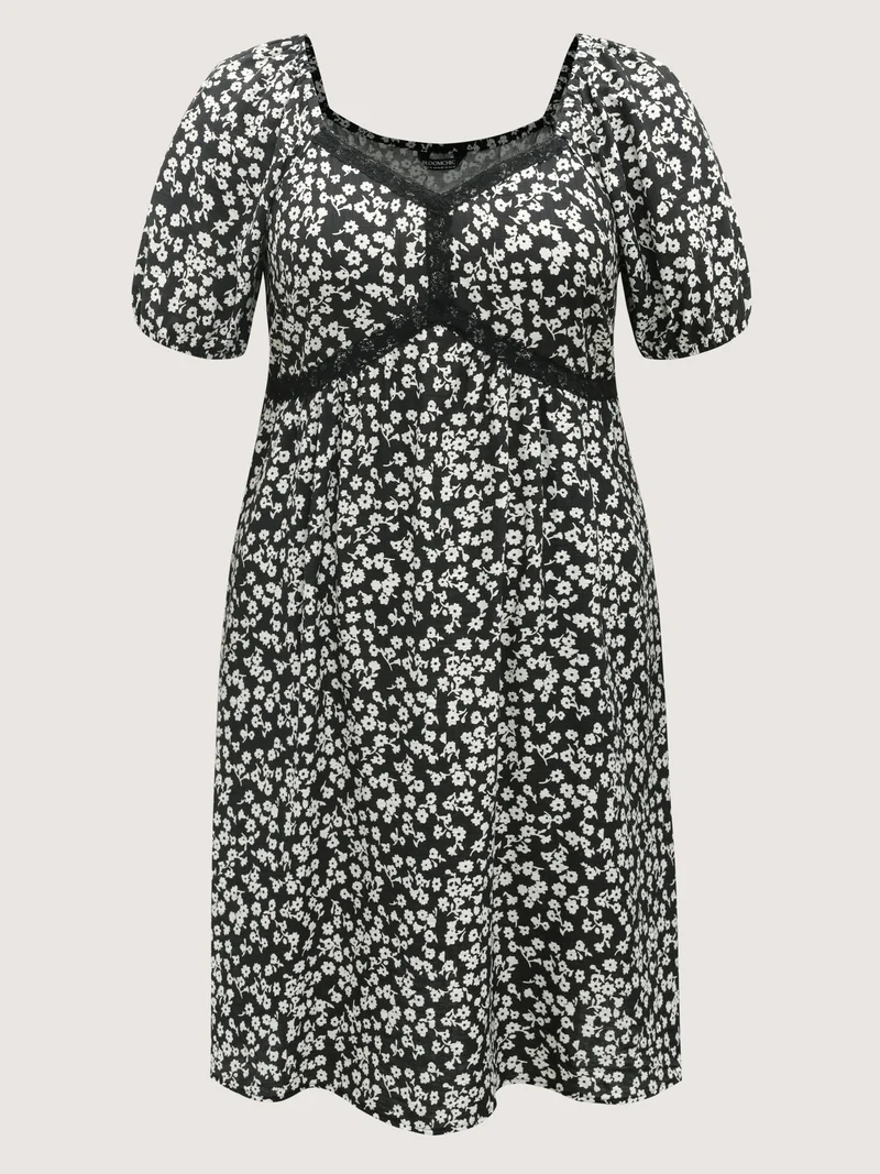 Ditsy Floral Print Lace Detail Midi Dress