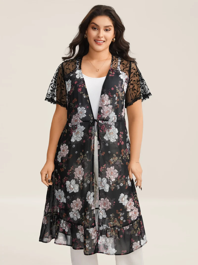 Chiffon Floral Front Mid Tie Kimono