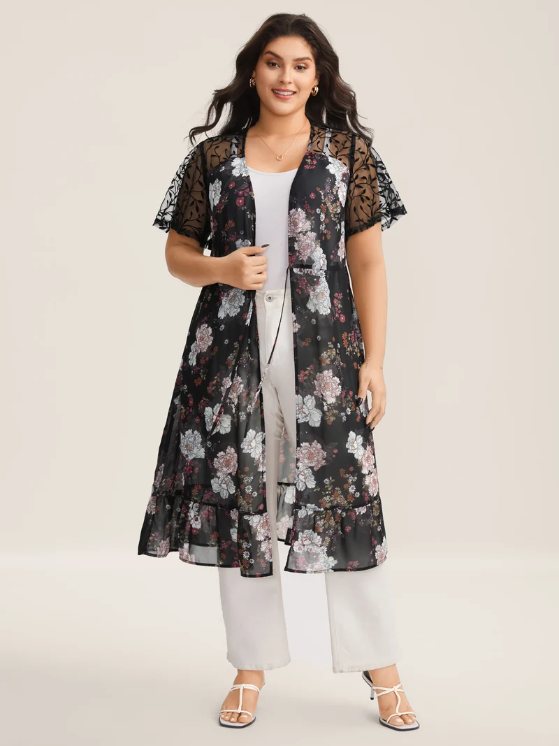 Chiffon Floral Front Mid Tie Kimono