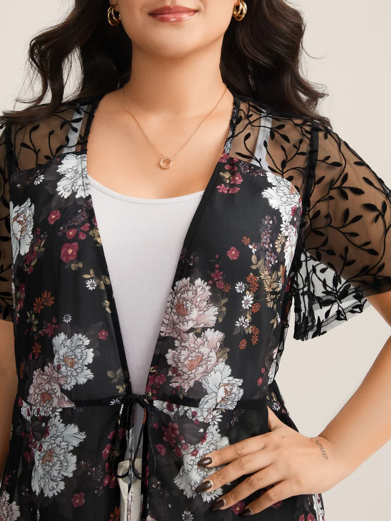 Chiffon Floral Front Mid Tie Kimono