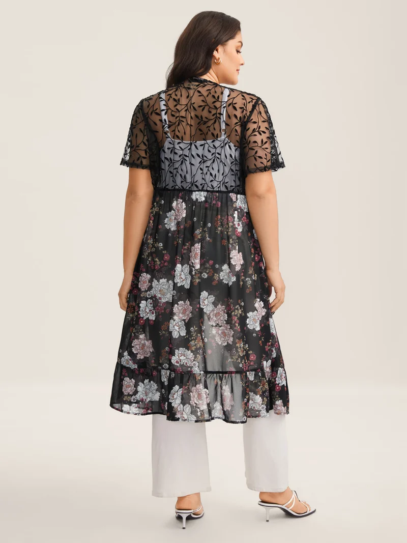 Chiffon Floral Front Mid Tie Kimono