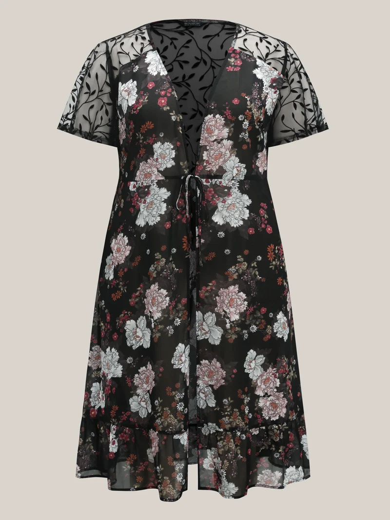 Chiffon Floral Front Mid Tie Kimono