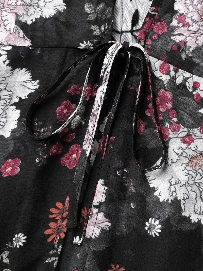 Chiffon Floral Front Mid Tie Kimono
