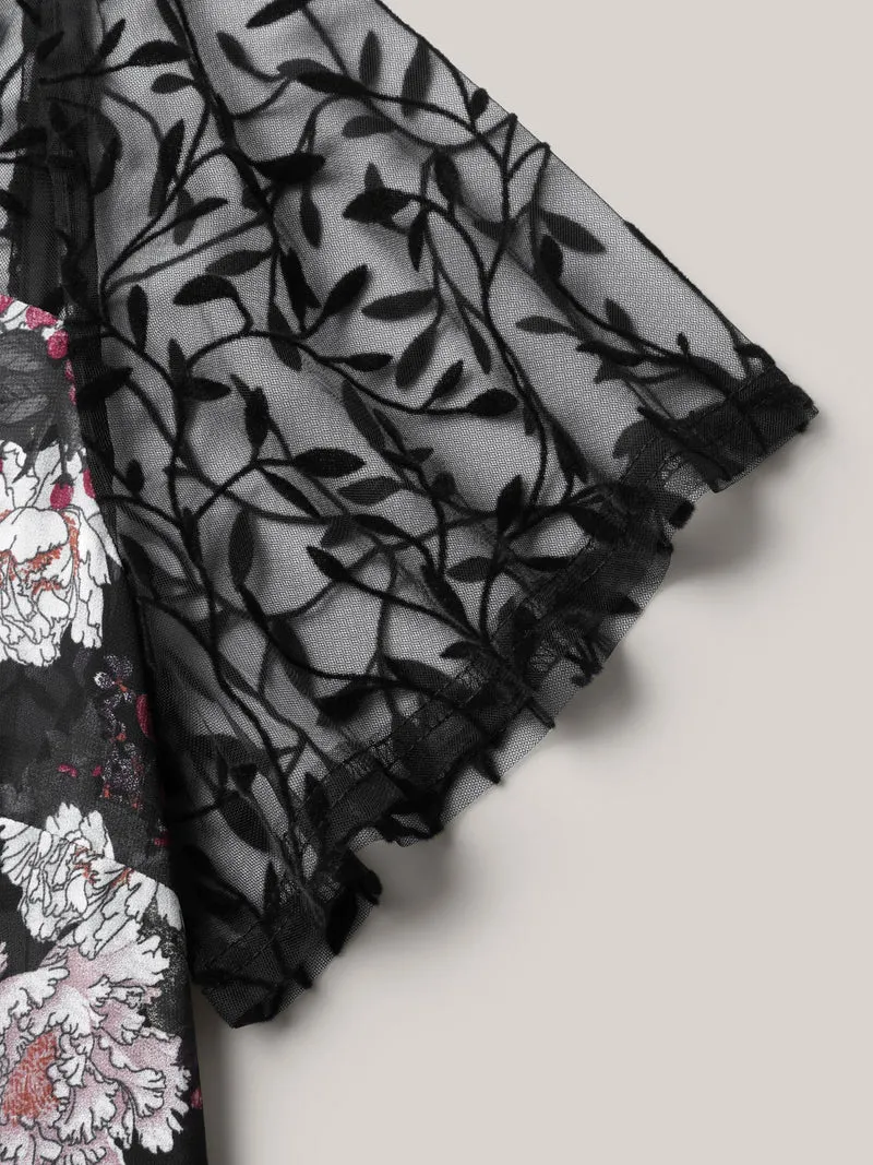Chiffon Floral Front Mid Tie Kimono