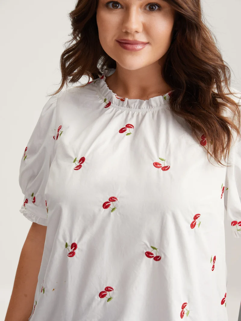 Cotton Cherry Embroidery Ruffled Neck Blouse