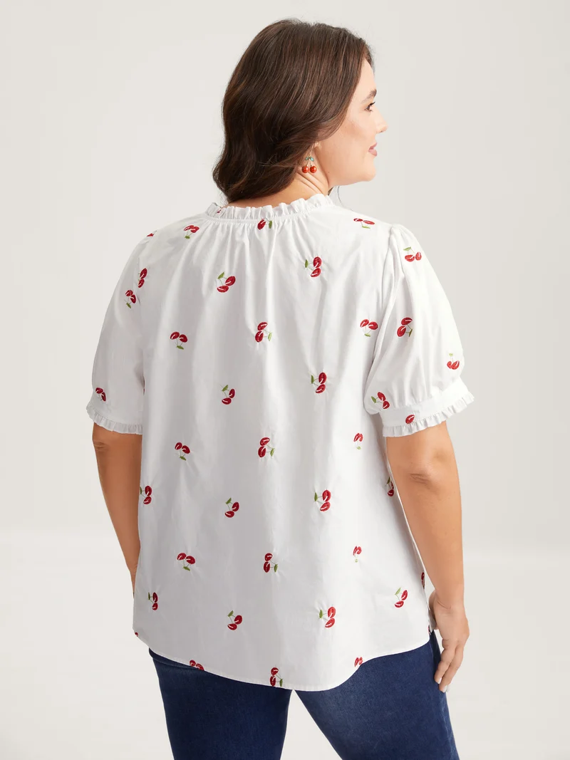 Cotton Cherry Embroidery Ruffled Neck Blouse