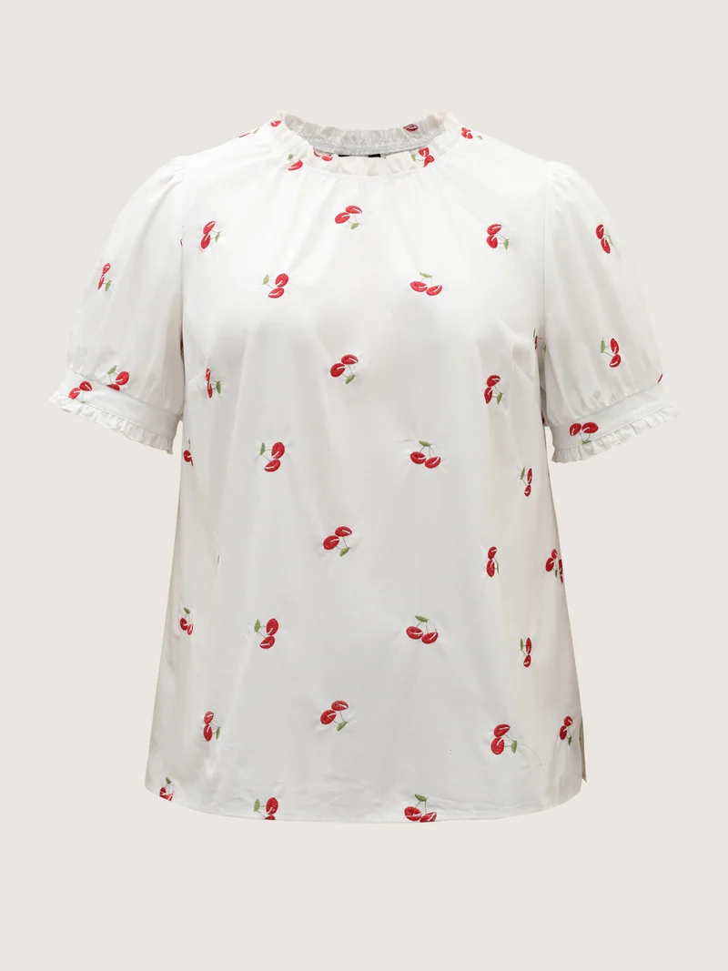 Cotton Cherry Embroidery Ruffled Neck Blouse